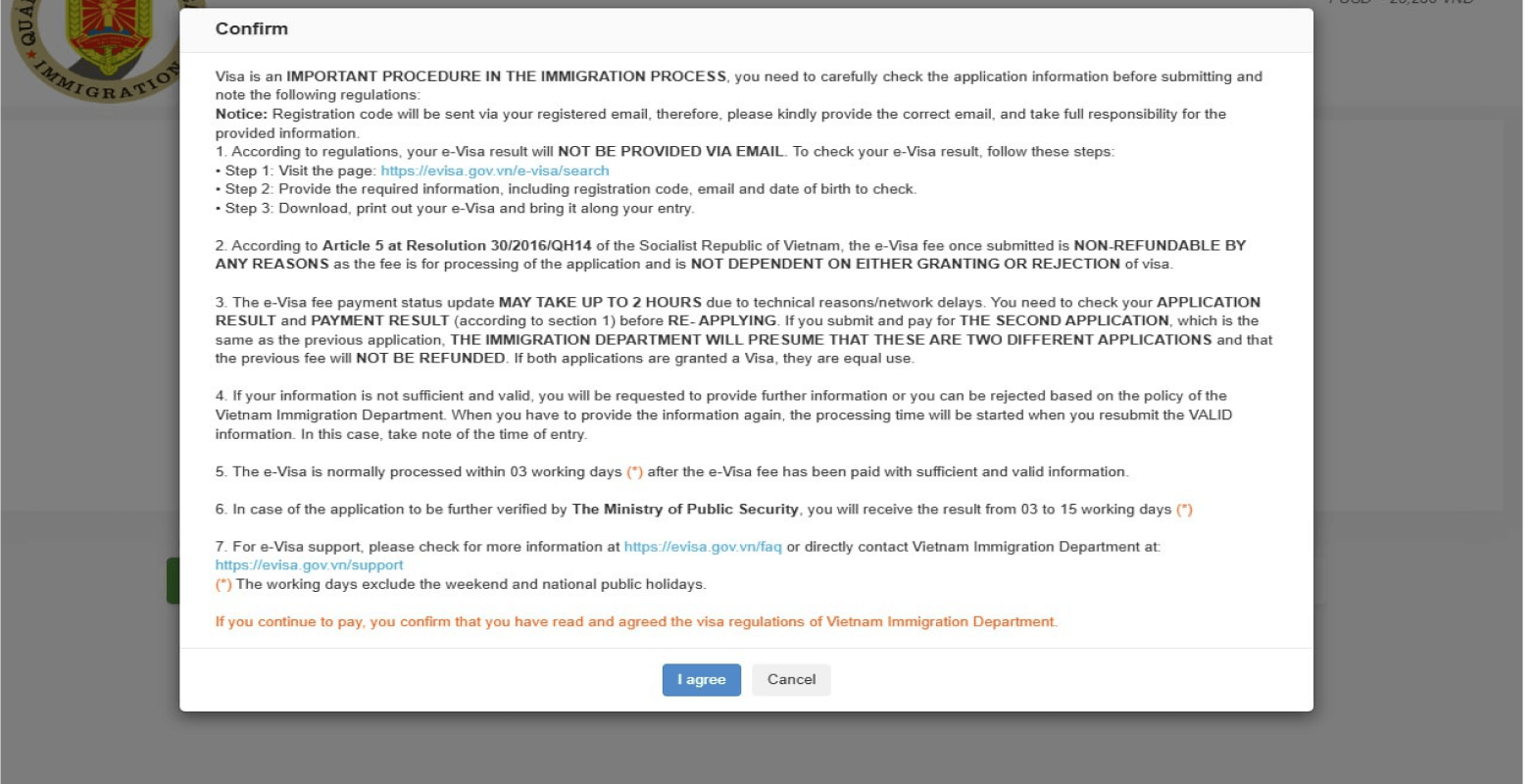 Confirm the Vietnam visa payment terms and conditions